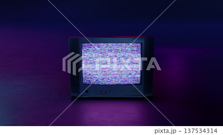 Retro Style Old TV Set with TV static on screen. Vintage 80s analog television with grain and No signal white noise. Broken television. Purple Neon Background. For mock up VFX compositing. 137534314