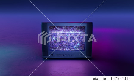Retro Style Old TV Set with TV static on screen. Vintage 80s analog television with grain and No signal white noise. Broken television. Purple Neon Background. For mock up VFX compositing. 137534315