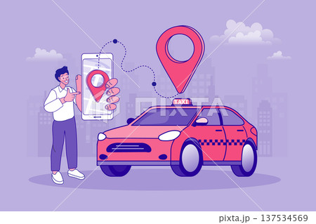 Man using smartphone app to call taxi. Online car booking service concept with map pin and red cab in city background in professional flat vector illustration  137534569