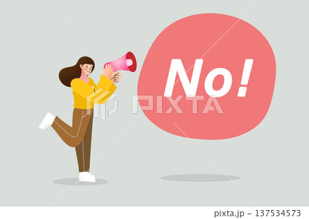 Assertive communication and rejection concept. Professional woman shouting No through megaphone into large red speech bubble for protest, disagreement, and personal boundaries. 137534573