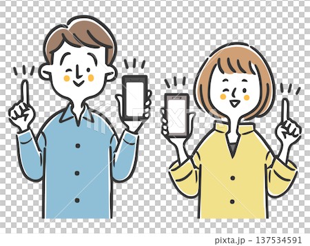 Illustration set of a couple explaining with a smartphone, upper body, vector 137534591