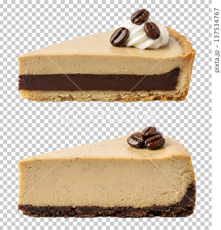 Delicious slice of coffee flavored tart and a creamy cheesecake slice, both decorated with chocolate and whipped cream. Perfect for dessert menus and bakery displays Delicious slice of coffee flavored tart and a creamy cheesecake slice, both decorated with chocolate and whipped cream. Perfect for dessert menus and bakery displays 137534767