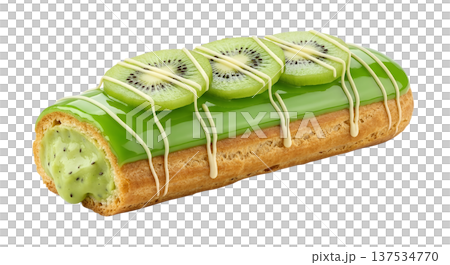 Creative kiwi-flavored eclair with vibrant green glaze and white chocolate drizzle, isolated. Perfect for modern patisserie and fruit dessert concepts 137534770