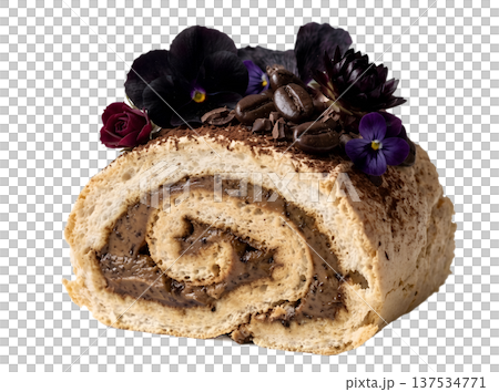 Elegant slice of coffee swiss roll roulade with creamy filling and delicate edible flowers, isolated. Perfect for patisserie and afternoon tea Elegant slice of coffee swiss roll roulade with creamy filling and delicate edible flowers, isolated. Perfect for patisserie and afternoon tea 137534771