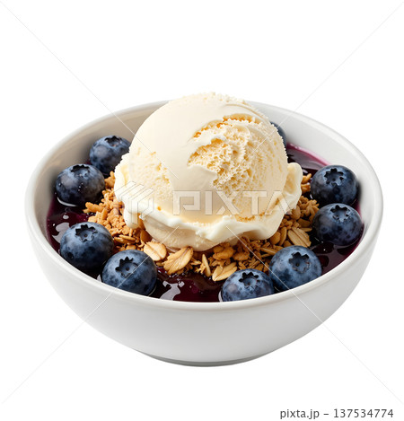 Delicious dessert of blueberry compote, crunchy granola, and creamy vanilla ice cream in a white bowl. Perfect for parfait concepts Delicious dessert of blueberry compote, crunchy granola, and creamy vanilla ice cream in a white bowl. Perfect for parfait concepts 137534774