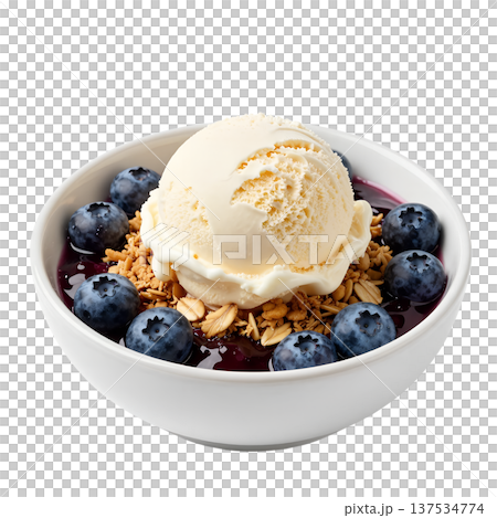 Delicious dessert of blueberry compote, crunchy granola, and creamy vanilla ice cream in a white bowl. Perfect for parfait concepts Delicious dessert of blueberry compote, crunchy granola, and creamy vanilla ice cream in a white bowl. Perfect for parfait concepts 137534774