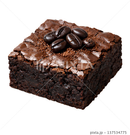 Fudgy chocolate brownie slice presented with whole coffee beans, isolated. Perfect for coffee pairings and indulgent dessert concepts 137534775