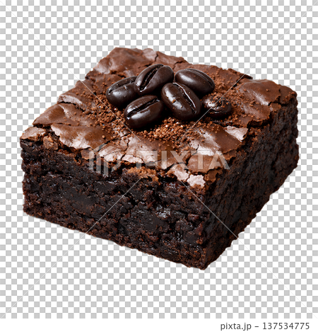 Fudgy chocolate brownie slice presented with whole coffee beans, isolated. Perfect for coffee pairings and indulgent dessert concepts 137534775