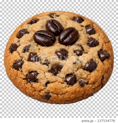Classic chocolate chip cookie artistically arranged with whole coffee beans, isolated. Perfect for coffee pairings and bakery branding Classic chocolate chip cookie artistically arranged with whole coffee beans, isolated. Perfect for coffee pairings and bakery branding 137534776