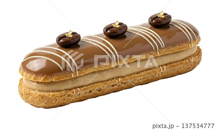Gourmet coffee eclair with smooth coffee glaze and whole coffee bean garnish, isolated. Perfect for coffee lovers, patisserie, and cafe desserts Gourmet coffee eclair with smooth coffee glaze and whole coffee bean garnish, isolated. Perfect for coffee lovers, patisserie, and cafe desserts 137534777