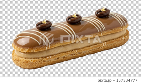 Gourmet coffee eclair with smooth coffee glaze and whole coffee bean garnish, isolated. Perfect for coffee lovers, patisserie, and cafe desserts Gourmet coffee eclair with smooth coffee glaze and whole coffee bean garnish, isolated. Perfect for coffee lovers, patisserie, and cafe desserts 137534777