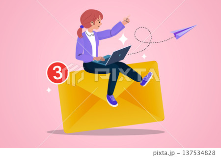 Digital communication and email marketing management concept. Female character on large envelope using laptop for business correspondence, newsletter promotion, and online messaging services. Digital communication and email marketing management concept. Female character on large envelope using laptop for business correspondence, newsletter promotion, and online messaging services. 137534828