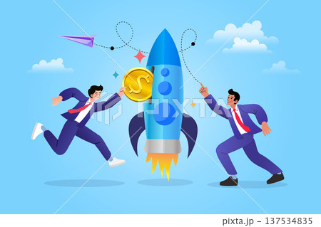Successful startup investment and fast financial growth concept. Two businessmen putting a dollar coin into a launching rocket. Modern vector illustration for business funding and project success. 137534835