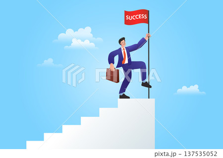 Career advancement and goal achievement concept. Businessman climbing stairs to plant a success flag for professional growth, leadership, and personal motivation in modern business world. 137535052