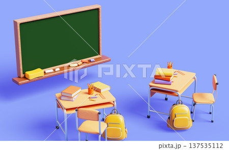 Cartoon 3D school classroom on blue background with green chalkboard for lesson and lecture. Cozy educational environment with wooden desks, chairs, yellow backpacks, pens and books. 3D illustration 137535112