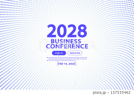 Business conference landing page background. Corporate event banner with professional blue halftone dot pattern and clean digital UI design for tech summits and webinars. 137535462