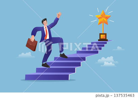Career success and business growth concept with businessman climbing stairs to reach a gold star. Goal achievement, professional development, and motivation for employees and entrepreneurs. 137535463