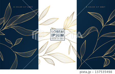Luxury gold floral pattern, dark background, elegant line flowers and leaves. Premium vector design for wine labels, cosmetic packaging, perfume box, tea or coffee branding, wedding invitation. 137535498