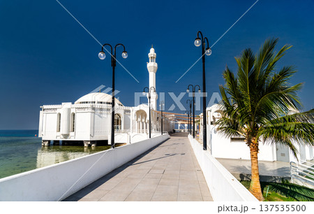 Exterior view of the Al Rahma Floating Mosque on the Red Sea coast in Jeddah, Saudi Arabia, during a bright sunny day 137535500