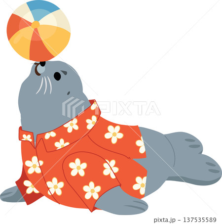 cute seal cartoon with beach ball tropical shirt playful marine animal summer vacation character illustration cute seal cartoon with beach ball tropical shirt playful marine animal summer vacation character illustration 137535589