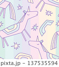 Abstract hand drawn linear unicorns and rainbows seamless pattern on light rainbow background. Vector illustration. 137535594