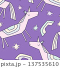 Abstract hand drawn linear unicorns and rainbows seamless pattern on purple background. Vector illustration 137535610