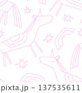 Abstract hand drawn linear unicorns and rainbows seamless pattern in white and pink colors. Vector illustration 137535611