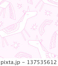 Abstract hand drawn linear unicorns and rainbows seamless pattern on pink background. Vector illustration. 137535612