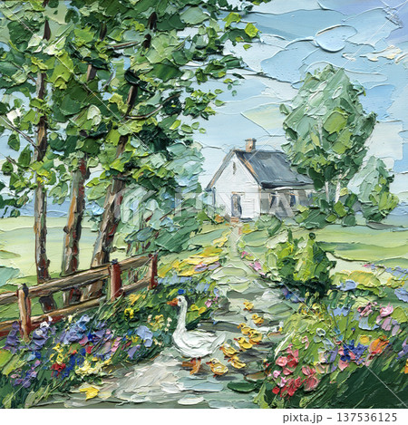 Goose with ducklings cottage garden impasto painting with blooming flowers country path and rustic farmhouse landscape Goose with ducklings cottage garden impasto painting with blooming flowers country path and rustic farmhouse landscape 137536125