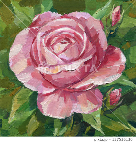 Pink rose flower impasto painting close up with green leaves romantic floral garden wall art Pink rose flower impasto painting close up with green leaves romantic floral garden wall art 137536130