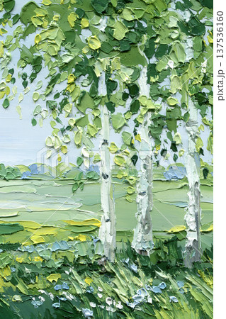 Birch trees meadow impasto painting with white trunks green leaves and soft blue sky spring countryside landscape 137536160