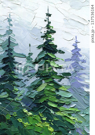 Evergreen forest impasto painting in soft mist with pine trees and pale mountain sky textured vertical landscape art 137536164