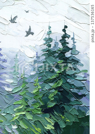 Evergreen trees with flying birds impasto painting in misty mountain forest under white cloudy sky vertical landscape art Evergreen trees with flying birds impasto painting in misty mountain forest under white cloudy sky vertical landscape art 137536165