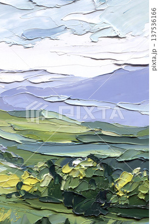Impasto countryside hills oil painting textured palette knife green fields under cloudy sky abstract landscape background 137536166