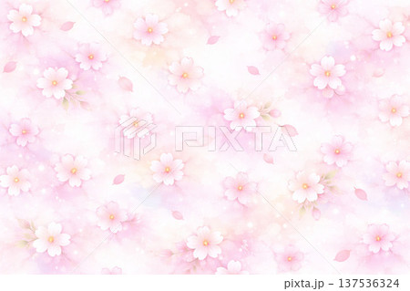 桜シリーズ：淡い桜がまばらに舞うパステル総柄背景 137536324
