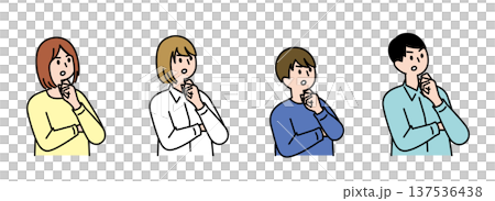 Illustration variations of a young man and woman with their hands on their chins and looking suspicious Illustration variations of a young man and woman with their hands on their chins and looking suspicious 137536438