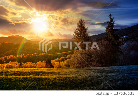 mountainous countryside landscape under cloudy sky. day meet night. sun and moon over beautiful nature scenery with tall spruce trees near green grassy slope. view in to the valley during spring mountainous countryside landscape under cloudy sky. day meet night. sun and moon over beautiful nature scenery with tall spruce trees near green grassy slope. view in to the valley during spring 137536533