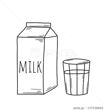 Tetra Pak milk packaging and glass in doodle sketch style 137536682