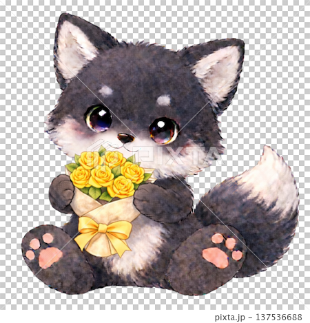 [Father's Day] Illustration of a black fox holding a bouquet of roses 137536688