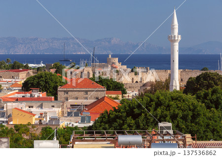 View of Rhodes Old Town walls and Suleiman Mosque minaret Greece View of Rhodes Old Town walls and Suleiman Mosque minaret Greece 137536862