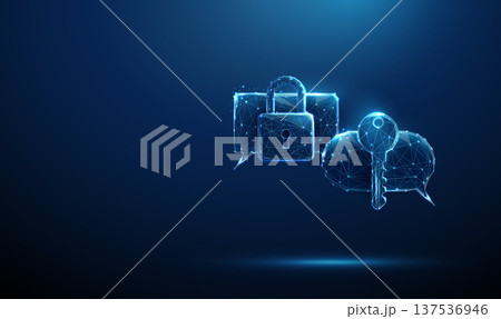 3d two speech bubbles with padlock and key Secure communication, encrypted messaging, access authentication, private conversation channel, password exchange assistance concept 137536946
