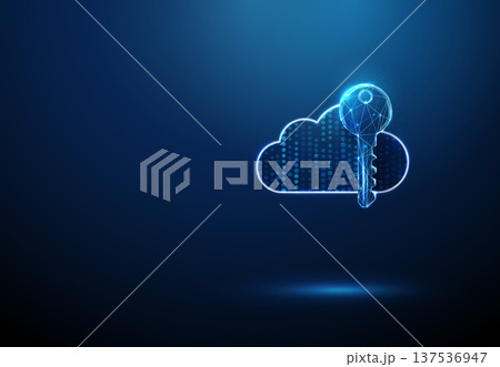 3d blue data cloud with key. Secure cloud access, encrypted data storage, digital key authorization, protected information systems, safe remote access concept. 3d blue data cloud with key. Secure cloud access, encrypted data storage, digital key authorization, protected information systems, safe remote access concept. 137536947