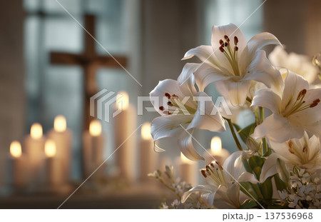 White Lilies With Wooden Cross And Candles White Lilies With Wooden Cross And Candles 137536968