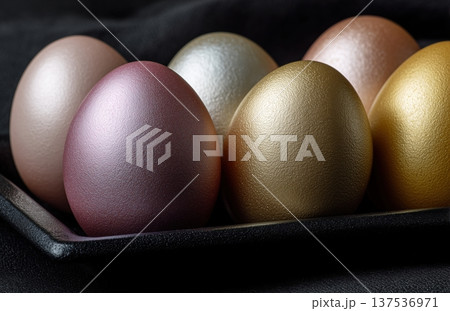 Close Up Metallic Eggs In Black Fabric 137536971