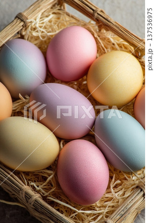 Pastel Eggs In Wooden Basket Closeup Pastel Eggs In Wooden Basket Closeup 137536975