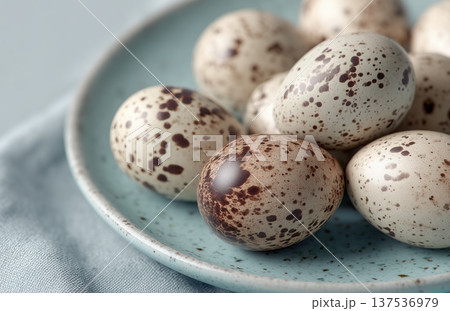 Speckled Eggs On Turquoise Plate 137536979