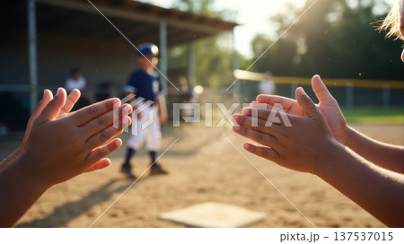 Children Clapping Near Baseball Dugout at Sunset 137537015