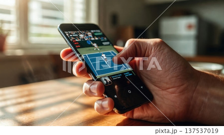 Hand Holding Smartphone Watching Tennis Match Hand Holding Smartphone Watching Tennis Match 137537019