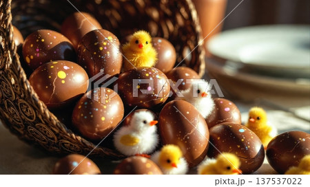 Easter Chocolate Eggs With Toy Chicks in Basket Easter Chocolate Eggs With Toy Chicks in Basket 137537022