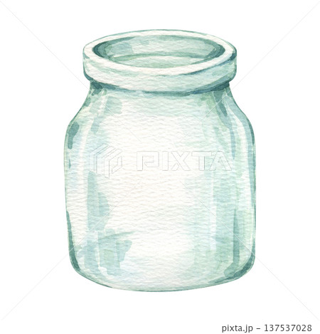 Simple transparent glass jar. Empty pot in a childish cartoon style.Watercolor illustration hand drawn and isolated on a white background. Ideal for design of different composition for kids products Simple transparent glass jar. Empty pot in a childish cartoon style.Watercolor illustration hand drawn and isolated on a white background. Ideal for design of different composition for kids products 137537028